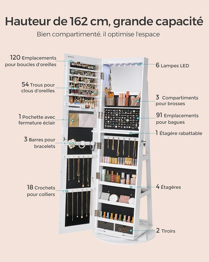 Armoire à Bijoux Rotatif avec Miroir